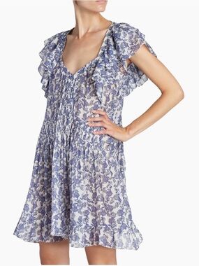 Isabel Marant Étoile Godrana Flutter-Sleeve Blue Floral Ruffle-Sleeve Dress S 44
